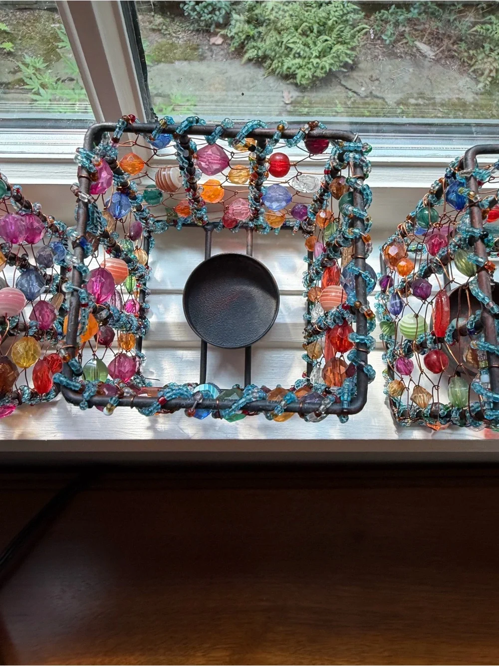 Bohemian EUC Set of 4 Handmade Multicolor Glass Beaded Candle Holders